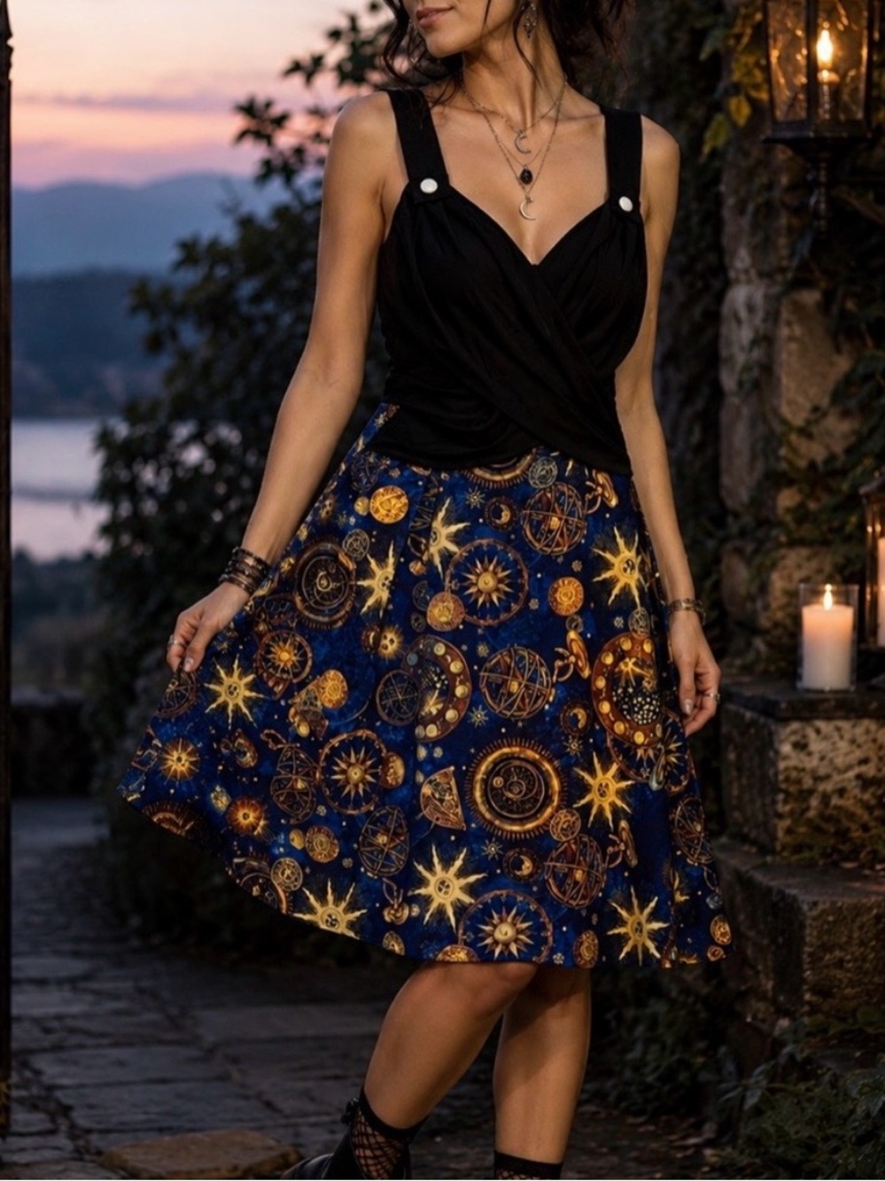 Celestial Zodiac Print Midi Dress Black Wrap Sun Moon Star Whimsigoth Cosmic M